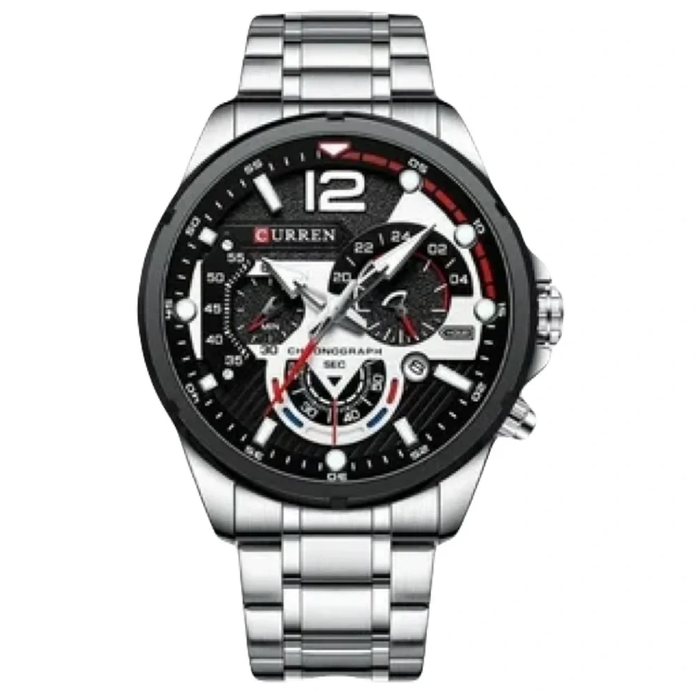 New Silver Chronograph Mens Sport Quartz Waterproof Luxury Stainless Steel Watch - Picture 1 of 13